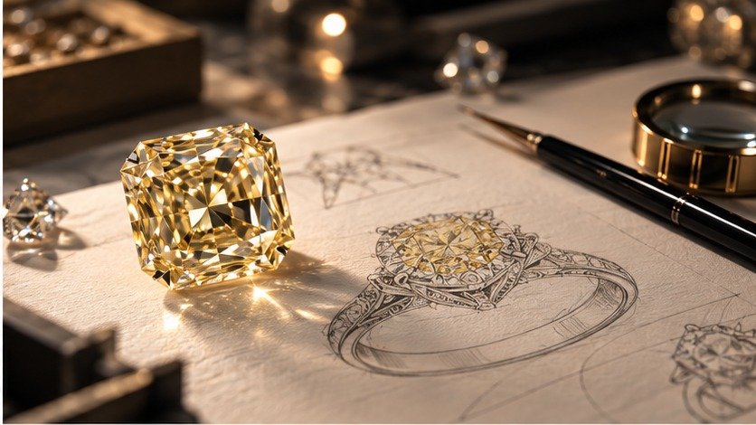 Natural yellow diamond beside a custom jewelry design