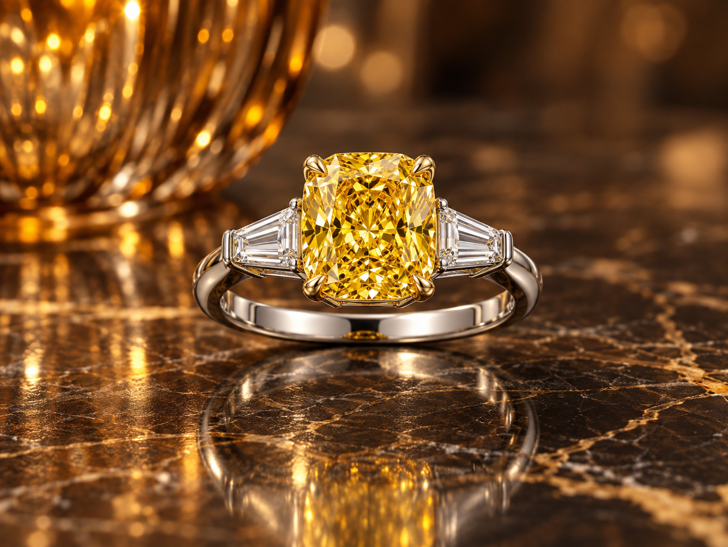 Yellow diamond ring with white diamond accents, on dark marble with amber glass