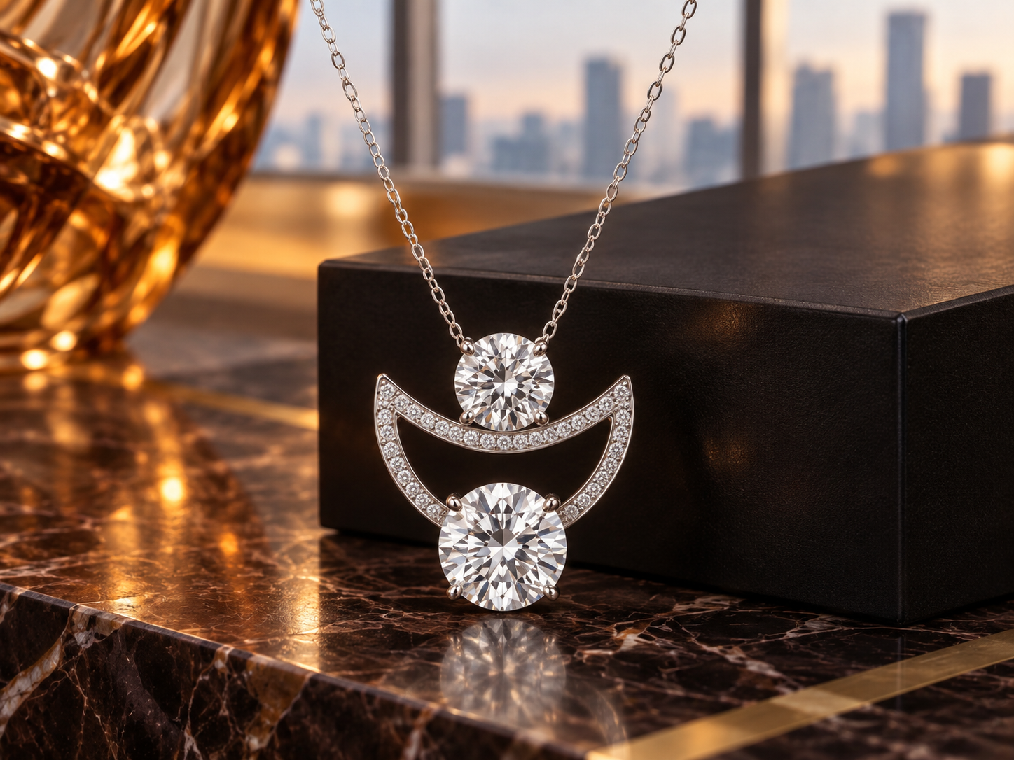Sculptural white diamond pendant against dark marble and amber glass