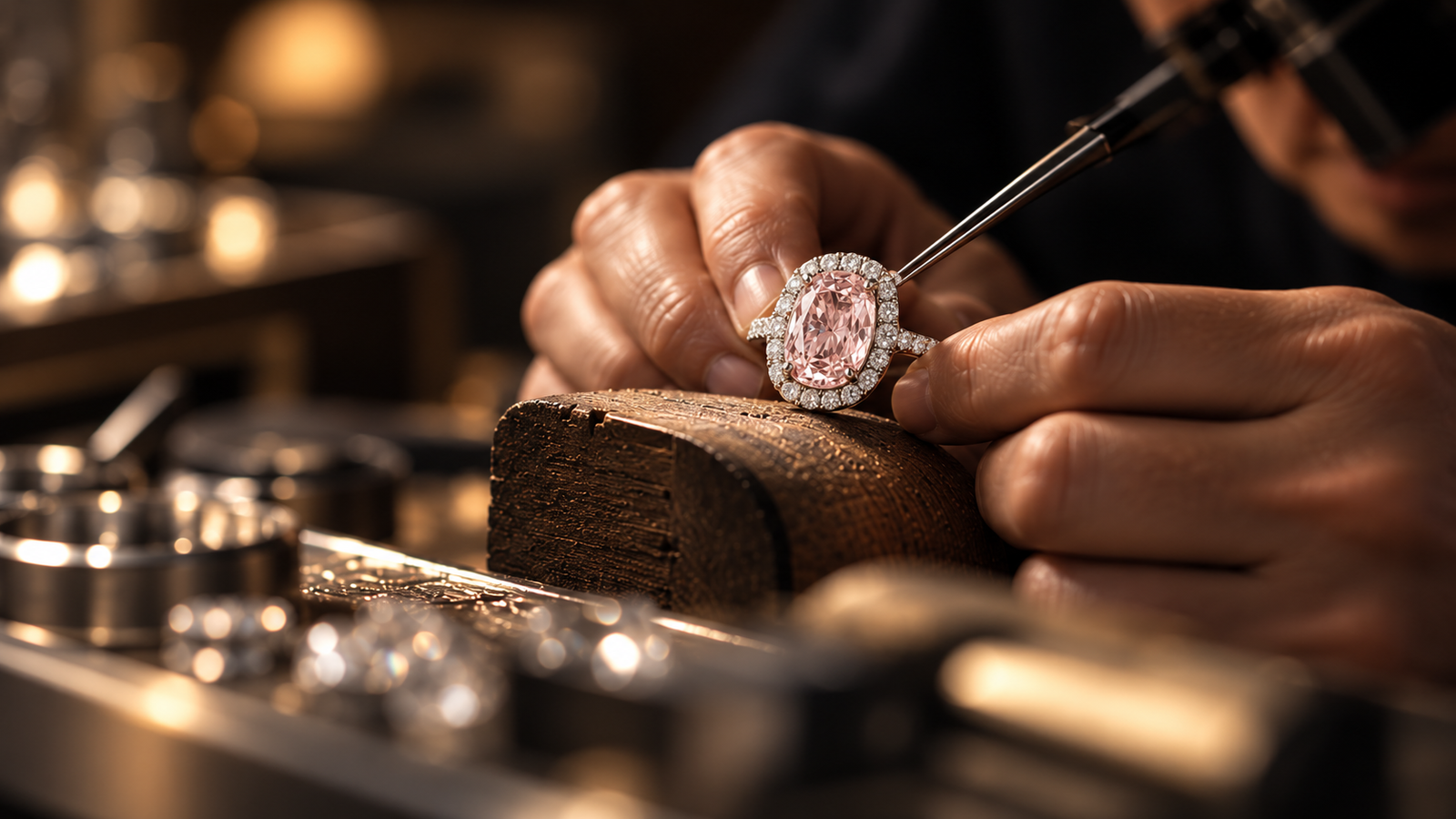 A pink diamond ring being carefully examined at a jewelry bench in warm light